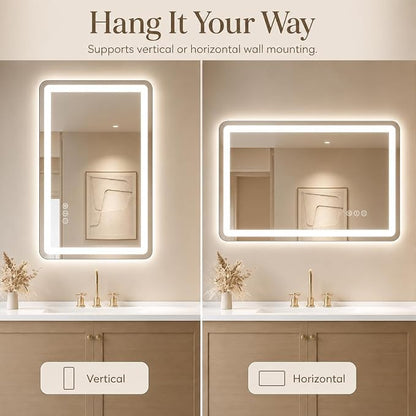 24x32 LED Lighted Bathroom Mirror for Vanity | Front Lights and Backlit, Rounded-Corner Rectangle, 3 Colors, Dimmable, Anti-Fog, Memory, Tempered Glass, UL