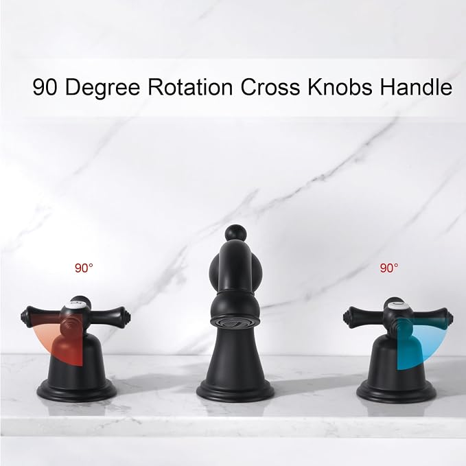 RKF Bathroom Faucets for Sink 3 Hole Black 8 inch Widespread Bathroom Sink Faucet with Drain 2 Handles Cross Knobs Faucet Bathroom Vanity Basin Mixer Tap CWF033-MB