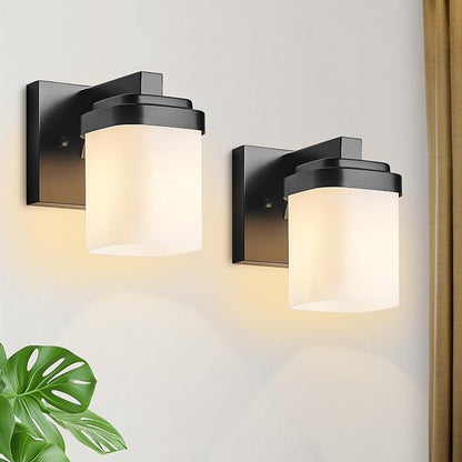 Bathroom Light Fixtures, Vanity Lights Wall Sconces Set of Two | 1-light black bathroom llight fixtures over mirror with milky white square glass shade, 4.72" farmhouse bathroom wall lamps