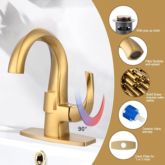 WOWOW Single Handle Bathroom Faucet 1 Hole High Arc Bathroom Basin Faucet Gold with Pop Up Drain, Solid Brass Commercial Bathroom Sink Faucet Basin Vanity Bar Faucet (Patented Product)