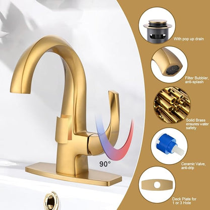 WOWOW Single Handle Bathroom Faucet 1 Hole High Arc Bathroom Basin Faucet Gold with Pop Up Drain, Solid Brass Commercial Bathroom Sink Faucet Basin Vanity Bar Faucet (Patented Product)