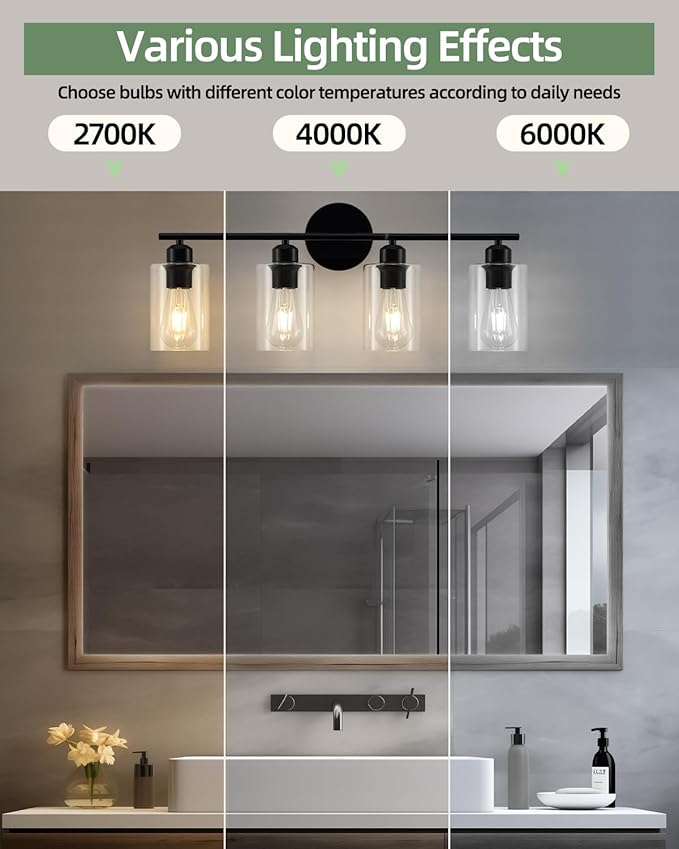 4-Light Bathroom Light Fixtures, Matte Black Vanity Lights for Bathroom