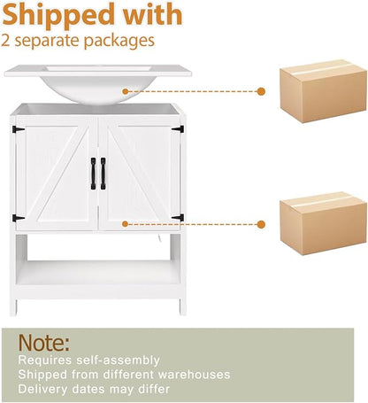 30 Inch Bathroom Vanity with Sink, Pedestal Sink Storage Cabinet with 2 Doors & LED Light, Mid-Century Modern Bathroom Vanity with Open Bottom Shelf, White