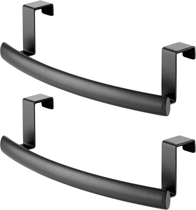 mDesign Steel Over Door Curved Towel Bar Storage, Hanger for Cabinet or Cupboard, Holder Rack for Kitchen, Bathroom - Holds Hand/Dish Towels, Washcloths - Spira Collection - 2 Pack - Black