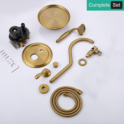 Antique Rain Shower Faucet Set with Handheld Sprayer | Brushed Titanium Gold, Multi-layer Plating, Vintage Rainfall, 2-Function Diverter Brass Valve, Wall Mount Easy Install
