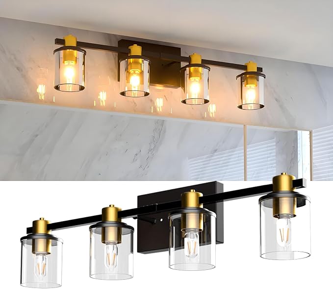 Lightdot 4 Light Bathroom Vanity Light, 27.5" Black and Gold Bathroom Light Fixtures with Glass Waterproof Shades, Rust-Proof Modern Vanity Lights Over Mirror for Kitchen Hallway Cabinet Porch