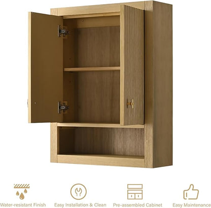 HOMEBEYOND 24 Inches Bathroom Vanity Wall Mount Storage Cabinet & Shelves, Free-Standing Vanity with Soft-Closing Doors, Golden Brushed Handware, Natural Oak