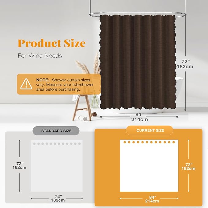 BTTN 84x72 Boho Scalloped Linen Textured Cloth Shower Curtain Set, Brown | Wide Size, 230GSM Waterproof Polyester, Heavy Duty Fabric, 14 Plastic Hooks, Elegant Modern Farmhouse Style, Machine Washable