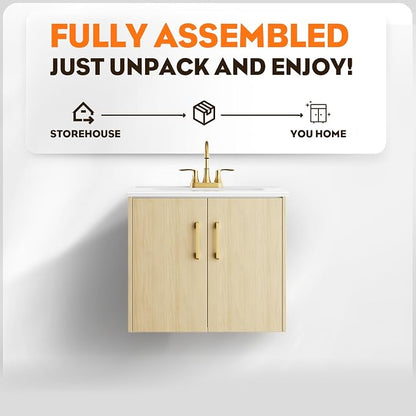 24 Inch Oak Floating Bathroom Vanity, Pre-Assembled Wall-Mounted Cabinet with 2 Soft-Close Doors & 3 Hole Ceramic Sink, No Faucet,BV08-24-OAK