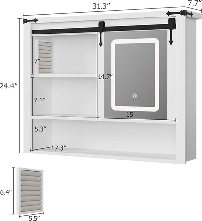 QUW 31" Farmhouse Bathroom Wall Cabinet, Bathroom Medicine Cabinets with Mirror, Over Toilet Wall Storage Cabinet, 3 Lighting Modes, Adjustable Brightness, Jewelry Holder, Sliding Door, White