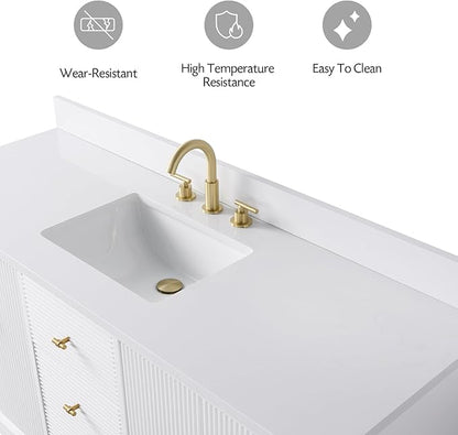 Vanity Art 60" Bathroom Vanity with Single Sink & Arabescato White Engineered Stone Top, Vanity Cabinet with Soft Closing Door, Solid Wood Frame, Golden Brushed Handles, White VA8160S-W-GB