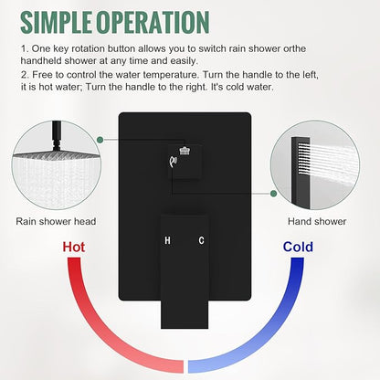 SunCleanse Rainfall Shower Faucet Set Matte Black Shower Combo Set for Bathroom with High Pressure 10 inch Shower Head with Handheld Shower Valves Shower Head and Handheld Ceiling Mounted