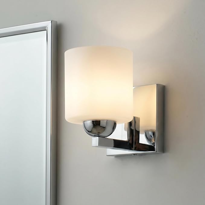 mirrea 1-Light Chromed Bathroom Vanity Light with White Glass Shade | Over Mirror,Wall Sconce,ETL listed,Bathroom Lighting Fixtures,Elegant Design,Milk White Glass Shade,Easy Installation