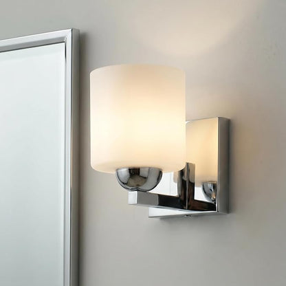 mirrea 1-Light Chromed Bathroom Vanity Light with White Glass Shade | Over Mirror,Wall Sconce,ETL listed,Bathroom Lighting Fixtures,Elegant Design,Milk White Glass Shade,Easy Installation