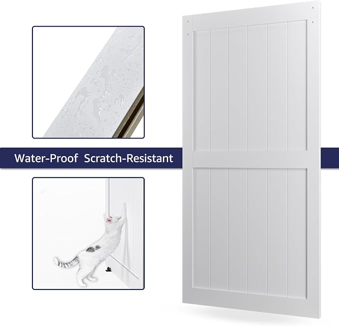 42in x 96in MDF Sliding Barn Door with 7ft Barn Door Hardware Kit & Handle | White Solid Barn Door Slab Covered with Water-Proof PVC Surface, Pre-Drilled Holes Easy Assembly, H-Frame