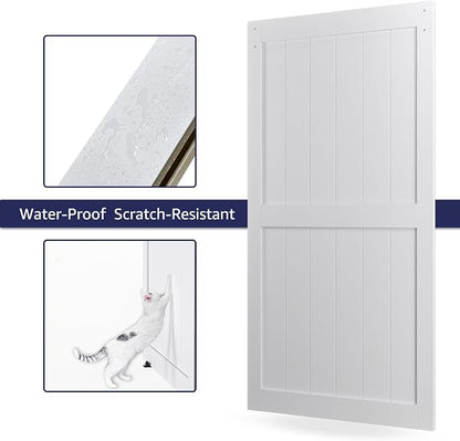 42in x 96in MDF Sliding Barn Door with 7ft Barn Door Hardware Kit & Handle | White Solid Barn Door Slab Covered with Water-Proof PVC Surface, Pre-Drilled Holes Easy Assembly, H-Frame