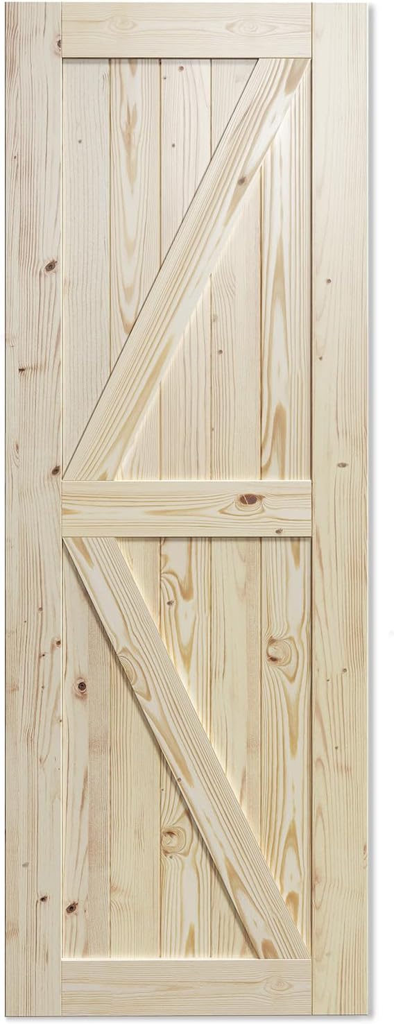 SmartStandard 30in x 84in Sliding Barn Wood Door Pre-Drilled Ready to Assemble, DIY Unfinished Solid Spruce Wood Panelled Slab, Interior Single Door Only, Natural, K-Frame (Fit 5FT Rail) | Pre-Drilled Ready to Assemble, DIY Unfinished Solid Spruce Wood...