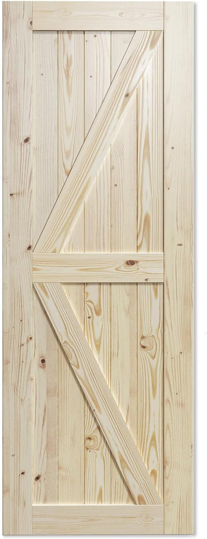 SmartStandard 30in x 84in Sliding Barn Wood Door Pre-Drilled Ready to Assemble, DIY Unfinished Solid Spruce Wood Panelled Slab, Interior Single Door Only, Natural, K-Frame (Fit 5FT Rail) | Pre-Drilled Ready to Assemble, DIY Unfinished Solid Spruce Wood...