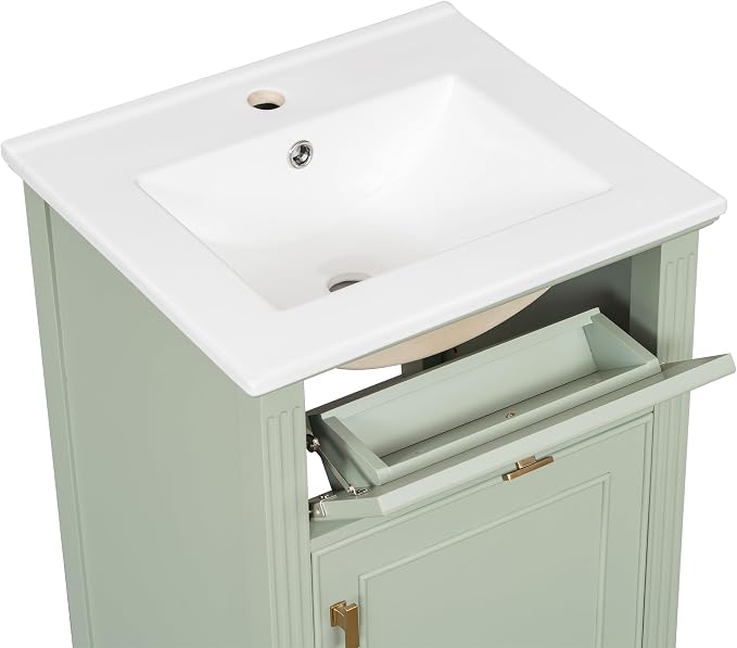 GDFStudio Hawthorne 20" Modern Bathroom Vanity with Sink, Freestanding Bathroom Vanity Organizer with Tilt Out Drawer, Adjustable Shelf and Solid Wood Legs, Single Sink Bathroom Vanity, Green
