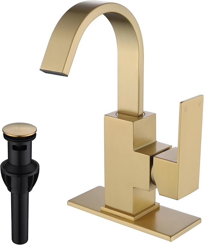 Brushed Gold Bathroom Faucet Waterfall Faucet for Bathroom Vanity with 360 Degree Swivel Spout, Single Hole Bar Sink Faucet with Hose and 6 "Deck Plate,SL5004BG