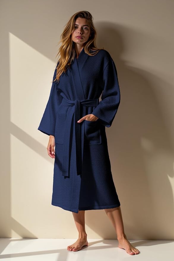 Turquaz Womens Lightweight Waffle Kimono Bathrobe for Men - Soft Quick-Dry Spa & Summer Towel Robe, Cotton Blend