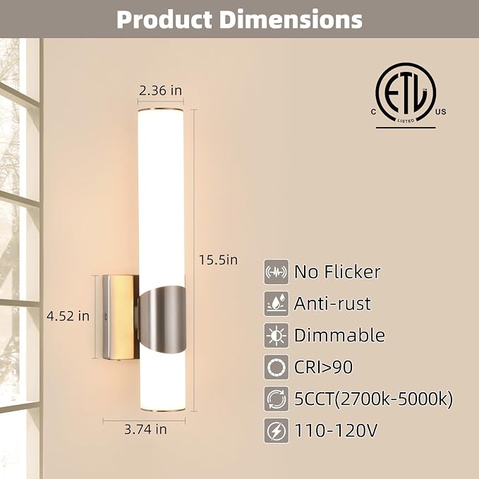 15" Brushed Nickel Bathroom Vanity Lights, Wall Sconce, 2 Pack | Modern Wall Light for Bathroom Bedroom Living Room Hallway