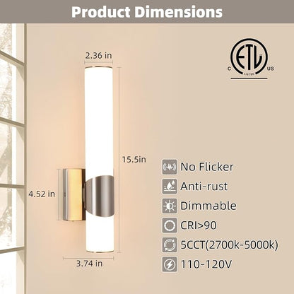 15" Brushed Nickel Bathroom Vanity Lights, Wall Sconce, 2 Pack | Modern Wall Light for Bathroom Bedroom Living Room Hallway
