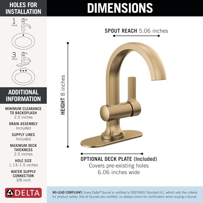 Delta Albion Brushed Gold Bathroom Faucet 1 Hole, Single Hole Bathroom Sink Faucet for Vanity, Metal Push-Pop Drain Assembly, Champagne Bronze 15855LF-CZ