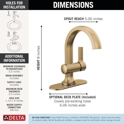 Delta Albion Brushed Gold Bathroom Faucet 1 Hole, Single Hole Bathroom Sink Faucet for Vanity, Metal Push-Pop Drain Assembly, Champagne Bronze 15855LF-CZ