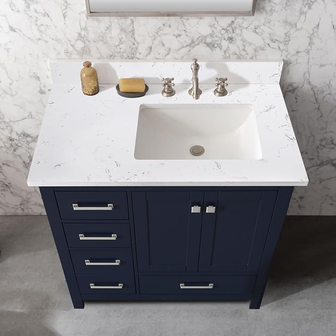 36"x22" Engineered Stone Bathroom Vanity Top with Rectangular Undermount Ceramic Right Offset Sink, 8 Inch Faucet Hole Spread with Backsplash Bathroom Vanity Sink Top (Cabinet Not Included)
