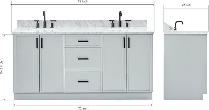 ARIEL Kelly 72-inch Bathroom Vanity with Sink,Solid Wood, 1.5-inch Italian Carrara Marble Countertop & Backsplash, Double Rectangular Porcelain Sink, 4 Soft Closing Doors, 5 Dovetail Drawers, Grey