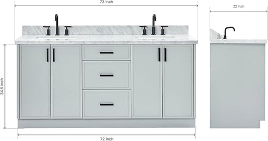ARIEL Kelly 72-inch Bathroom Vanity with Sink,Solid Wood, 1.5-inch Italian Carrara Marble Countertop & Backsplash, Double Rectangular Porcelain Sink, 4 Soft Closing Doors, 5 Dovetail Drawers, Grey