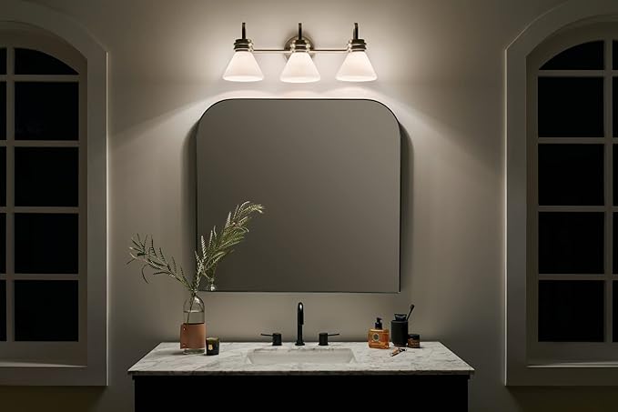 Kichler Farum 26" 3-Light Vanity Light with Opal Glass in Champagne Bronze, for Single or Double Vanity, Over a Mirror, Powder Room, Bathroom, (26" W x 9.5" H) 55155CPZ
