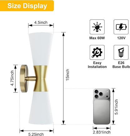Bathroom Wall Sconce, Modern Indoor Vanity Light Fixtures 15", Up Down Lighting, Wall Mount Lamp for Living Room Bedroom Hallway Stairway Fireplace Mirror E26 Base 1PC White&Gold