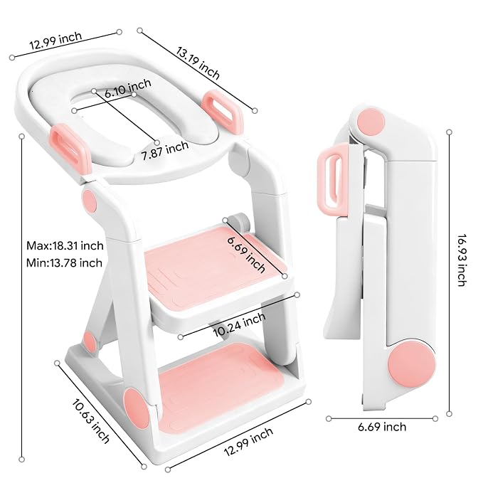 Potty Training Seat with Step Stool Ladder for Kids Girls, Pink | Pre-assembled, 2-in-1, Toddler Toilet Seat, Anti-Slip Foldable Steps, Splash Guard, Adjustable, Potty Ladder for Toddler 1-3