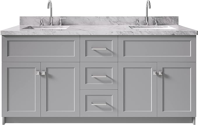 ARIEL Hamlet 72-inch Bathroom Vanity with Sink,Solid Wood, 1.5-inch Italian Carrara Marble Countertop & Backsplash, Double Rectangular Porcelain Sink, 4 Soft Closing Doors, 3 Dovetail Drawers, Grey