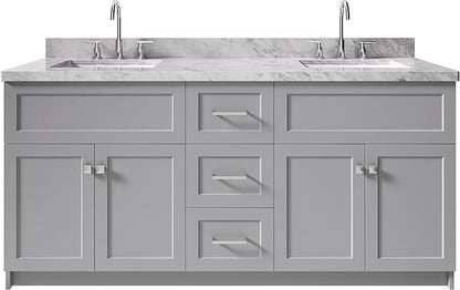 ARIEL Hamlet 72-inch Bathroom Vanity with Sink,Solid Wood, 1.5-inch Italian Carrara Marble Countertop & Backsplash, Double Rectangular Porcelain Sink, 4 Soft Closing Doors, 3 Dovetail Drawers, Grey