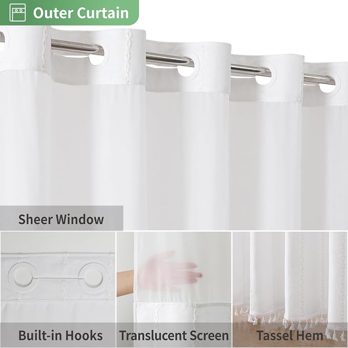 eachope No Hook Extra Long Shower Curtain Set with Snap-in Liner,Linen Textured Thick Striped Fabric with Tassels,Boho Chic Modern Farmhouse Bathroom Curtain,Water-Repellent,White,71x86 | 330GSM Thick Linen Textured Striped Fabric with Tassels,Snap-in ...