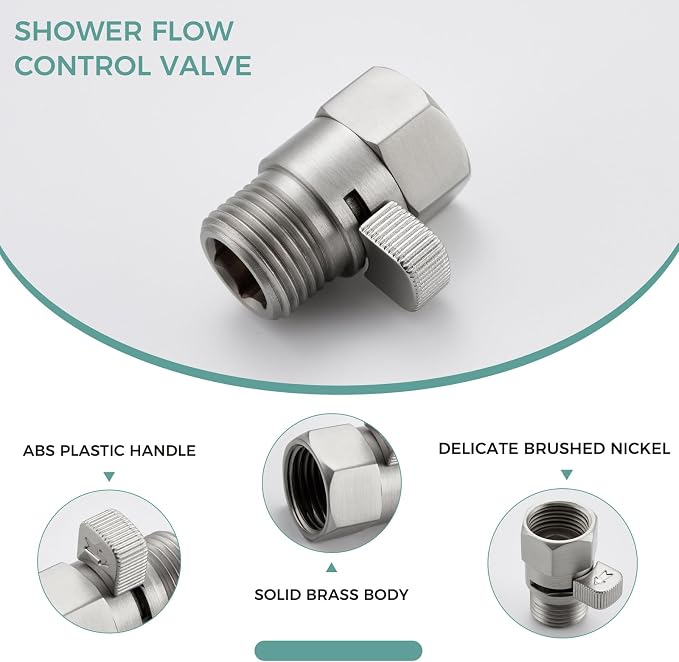 Aomasi Shower Head Flow Restrictor for Home Bathroom, Brushed Nickel | Solid Brass, G 1/2 Thread, Shower Head Shut off Valve for Easy Water Control & Save, Fits Handheld Shower, Bidet Sprayer