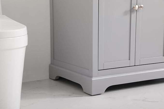 36" Pre-Assembled Bathroom Vanity with Sink, Solid Birch and MDF, Carrara White Marble Countertop Attached, Single Rectangle Porcelain Sink, 3 Soft-Close Drawers, Grey