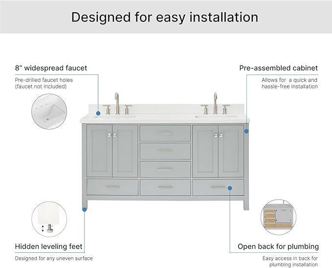 ARIEL Cambridge 66-inch Bathroom Vanity with Sink,Solid Wood, 1.5-inch Pure White Quartz Countertop & Backsplash, Double Rectangular Porcelain Sink, 4 Soft Closing Doors, 6 Dovetail Drawers, Grey