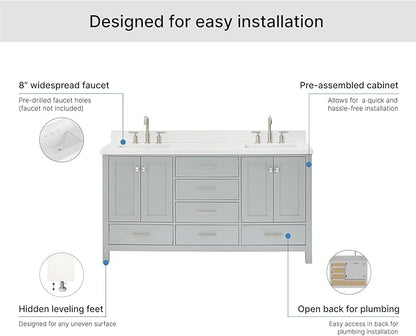 ARIEL Cambridge 66-inch Bathroom Vanity with Sink,Solid Wood, 1.5-inch Pure White Quartz Countertop & Backsplash, Double Rectangular Porcelain Sink, 4 Soft Closing Doors, 6 Dovetail Drawers, Grey