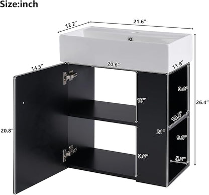 Merax 20" Bathroom Vanities with Sink Top, Wall Mounted Floating Sink Cabinet, Bathroom Cabinet with Doors & Side Storage, Soft-Close System, Black