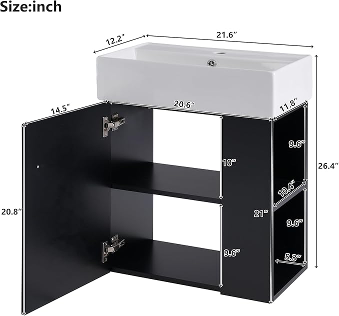 Harper & Bright Designs 21.6" Bathroom Vanity with Sink, Wall-Mounted Single Basin Vanity Set with Cabinet & Two-Tier Right Side Storage Shelf, Storage Cabinet with Ceramic Basin for Bathroom, Black