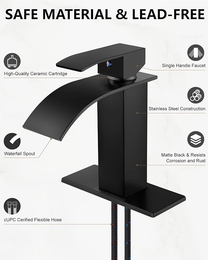 Midanya Bathroom Faucet with Waterfall Spout, Single Hole or 3-Hole Deck Mount, 304 Stainless Steel Sink Faucet with Pop-Up Drain, RV Vanity Compatible,Matte Black