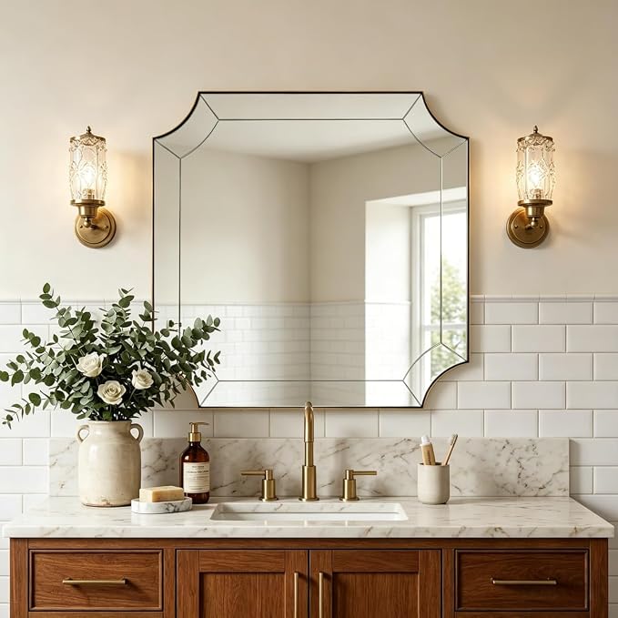30"x30" Square Bathroom Mirror, Gold Vanity Mirrors for Over Sink, Gold Scalloped Mirror with Glass Pieces, Brass Mirror with Designer-Crafted Notched Corners, Ideal for Home Remodel