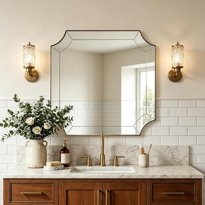 30"x30" Square Bathroom Mirror, Gold Vanity Mirrors for Over Sink, Gold Scalloped Mirror with Glass Pieces, Brass Mirror with Designer-Crafted Notched Corners, Ideal for Home Remodel