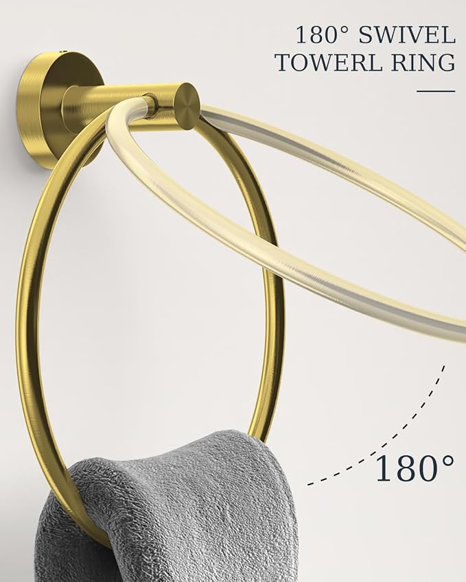 Brushed Gold Bathroom Hardware Set 10 Pieces Stainless Steel | Evolvegoods Bathroom Hardware Set, Includes 26 inch Towel Bar, 4 Towel Hook, 2 Towel Ring Toilet Paper Holder