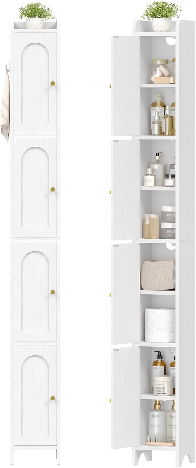 Bathroom Storage Cabinet, Tall Corner Floor Cabinet with 4 Doors and Adjustable Shelf, Narrow Toilet Paper Cabinets, Bathroom Organizer for Small Spaces, 7.9" D x 7.9" W x 70.9" H White