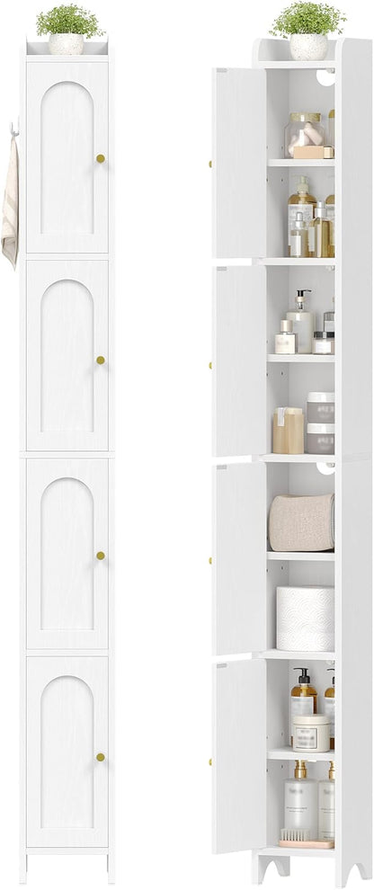 Bathroom Storage Cabinet, Tall Corner Floor Cabinet with 4 Doors and Adjustable Shelf, Narrow Toilet Paper Cabinets, Bathroom Organizer for Small Spaces, 7.9" D x 7.9" W x 70.9" H White